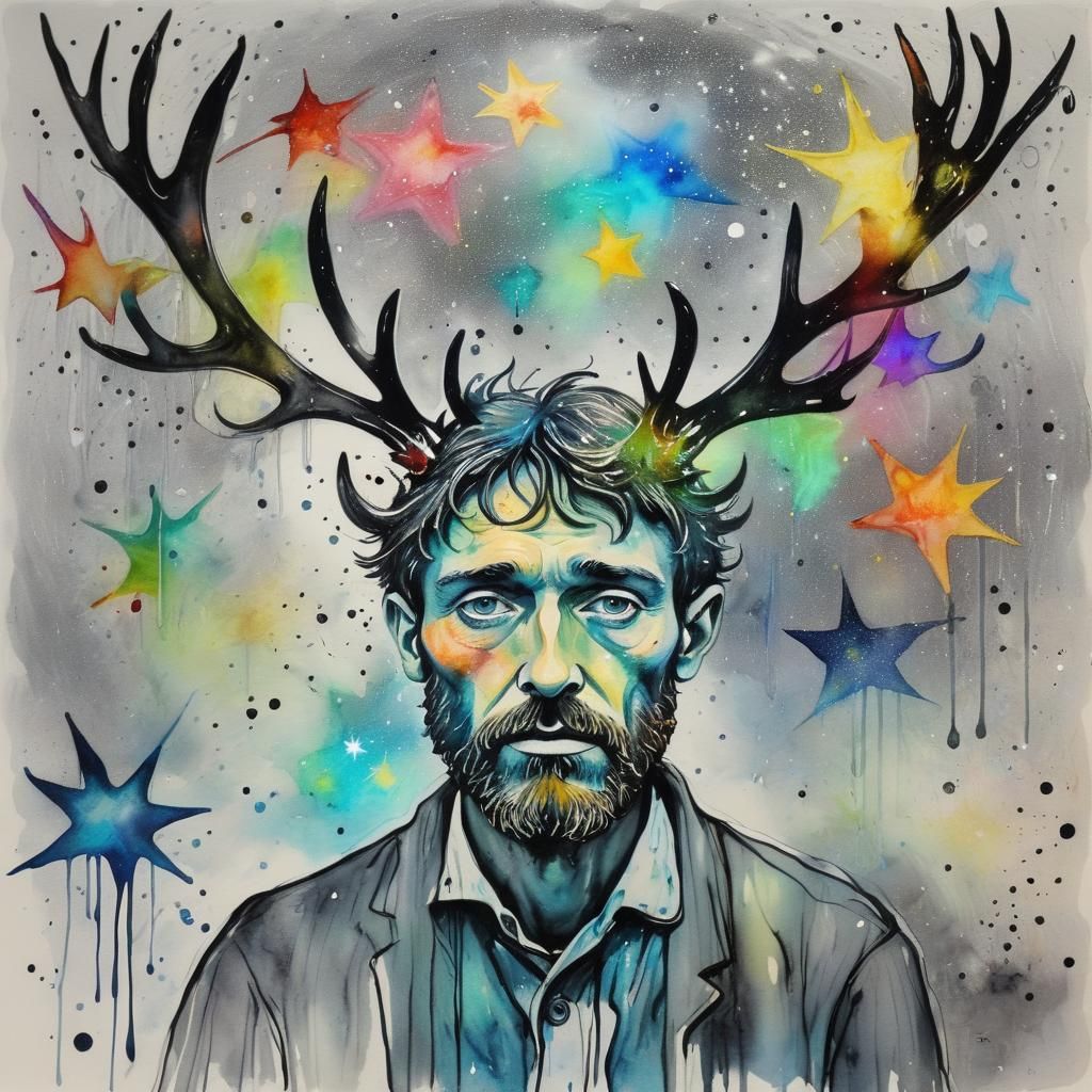 Man with Antlers in Rainy Starry Night, Surreal Art