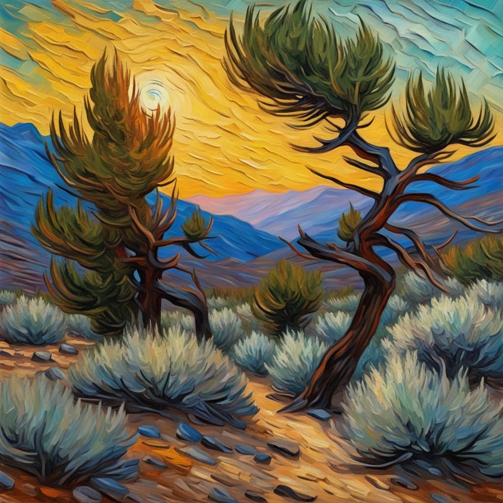Juniper Forest, Sagebrush, High Desert Chaparral, Sunset, impasto 3d oil paint texture, by Vincent Van Gogh