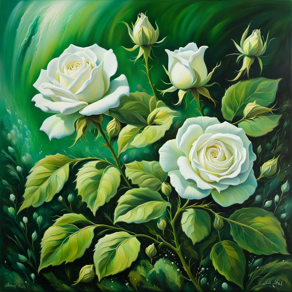 White Roses in Green Valley Oil Painting