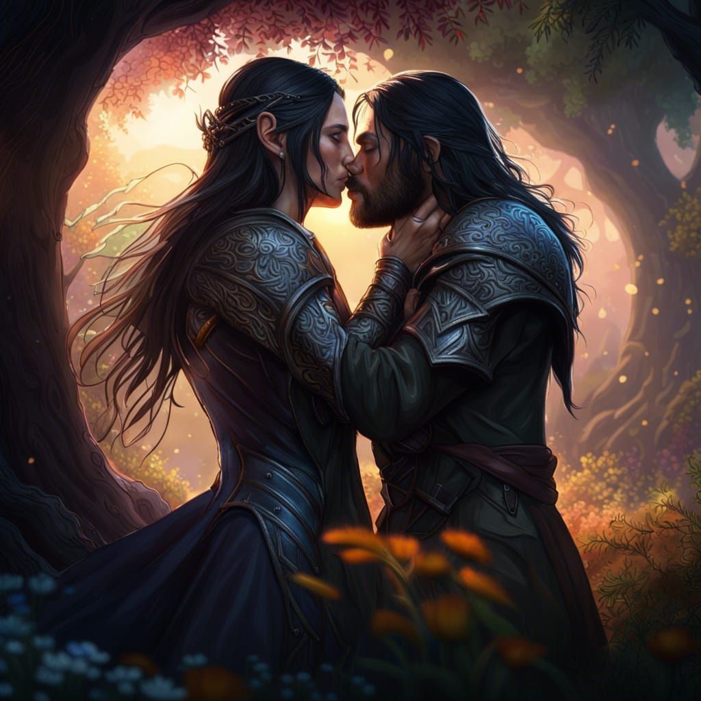 Aragorn and Arwen Kiss in Fantasy Landscape
