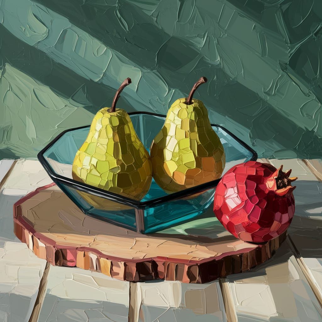 Impressionist Still Life with Pears and Pomegranates in Vibr...