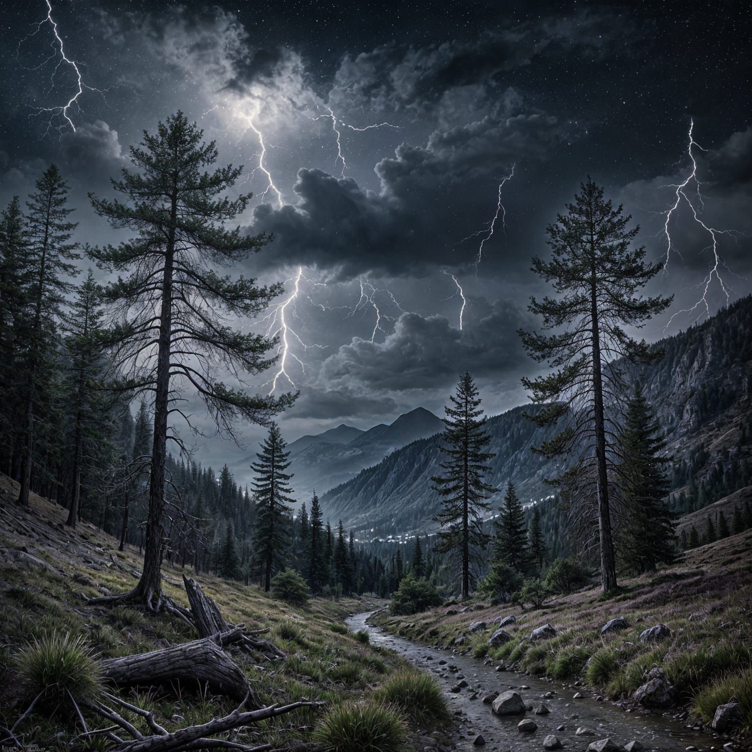 Ethereal Mountain Night with Dancing Lightning