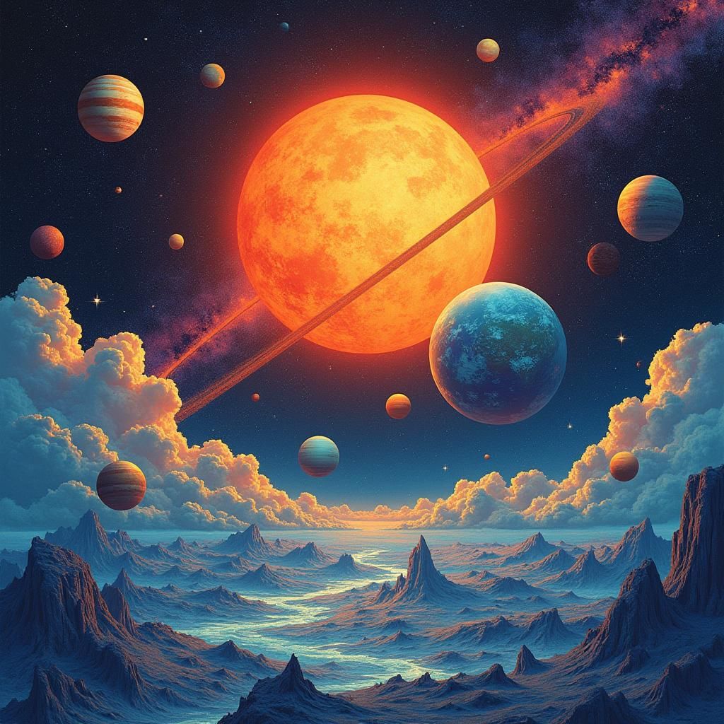 Detailed Solar System Illustration in Dreamlike Style