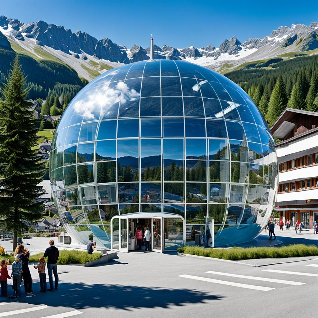 Photorealistic Glass Bubble Building in Brutalist Cityscape