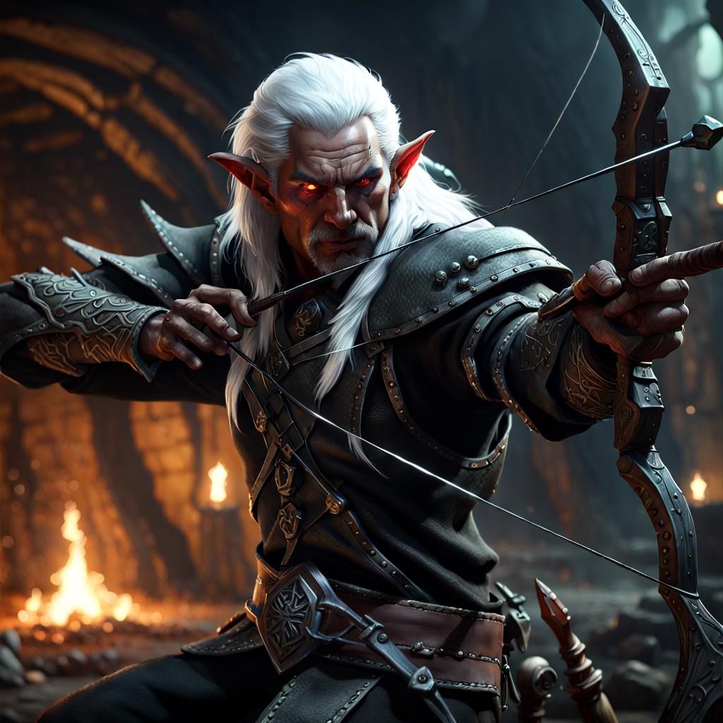 Dark Elf Archer in Dungeon, Hyperdetailed Concept Art