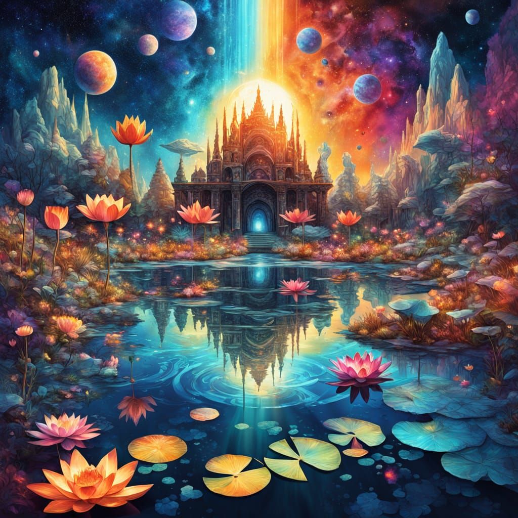 Surreal Cosmic Lotus Blooms in Vibrant Colors
