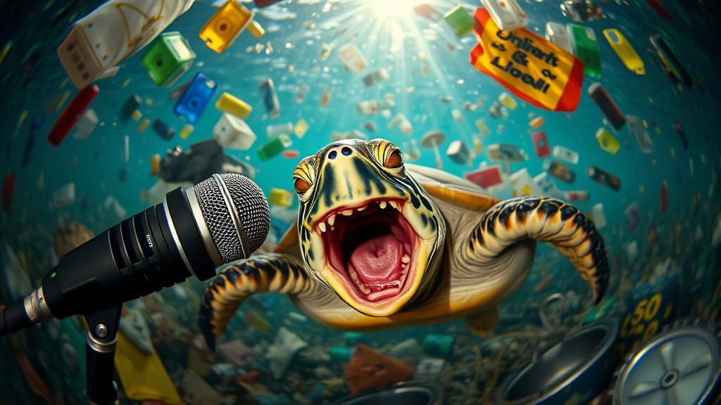 Surreal Screaming Turtle Caricature in Underwater Scene
