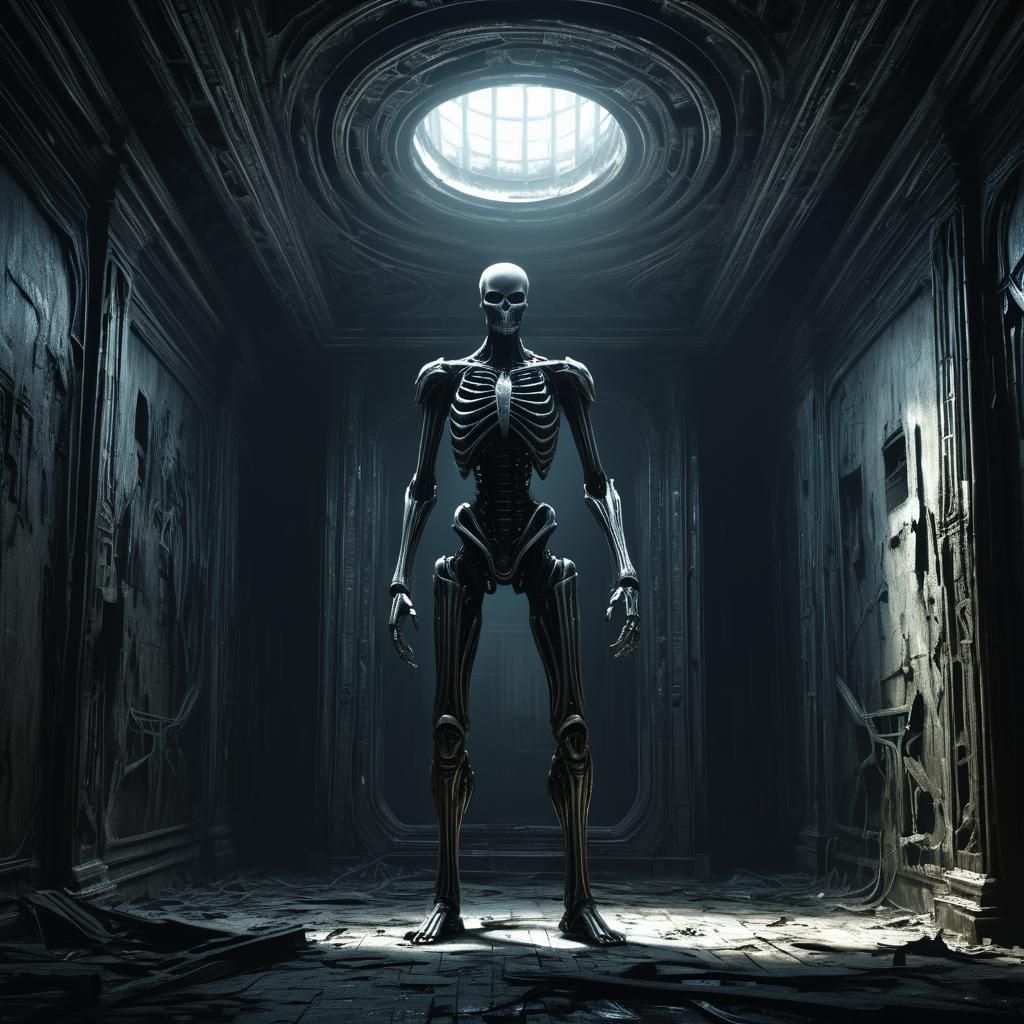 Eerie Humanoid Figure in Abandoned Room: Digital Art