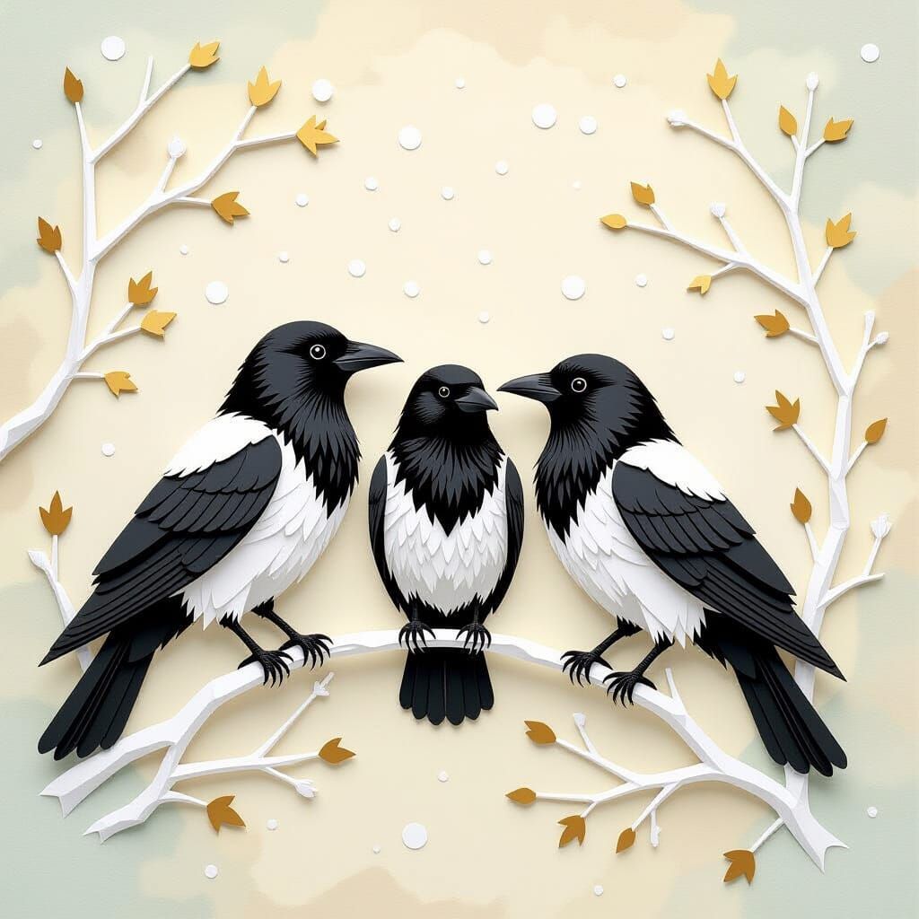 Ravens on Branch in Papercraft Style