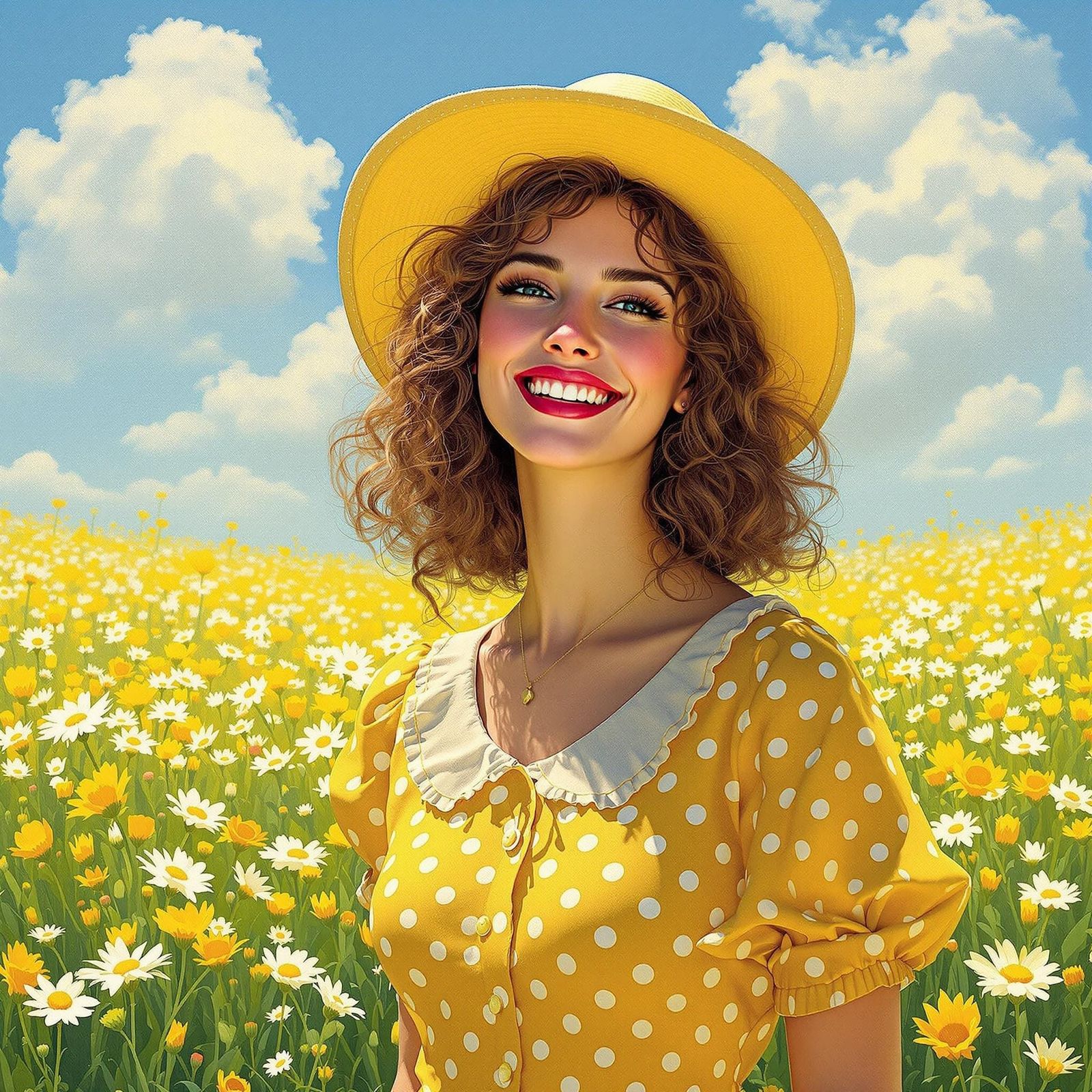 Impressionist Woman in Polka Dot Dress Amidst Blooming Wildf...