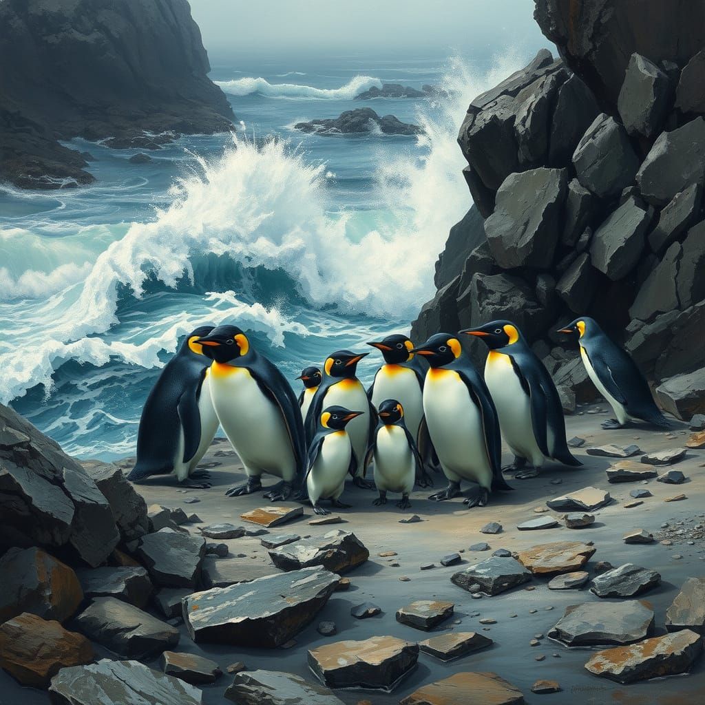 Penguins Seeking Shelter: An Oil Painting
