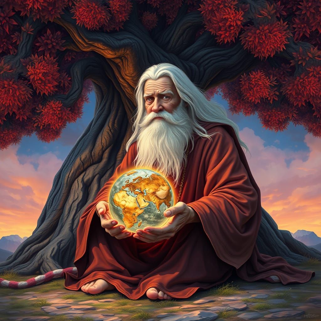 Contemplative Old Man Holding Earth: Psychedelic Hyperrealis...