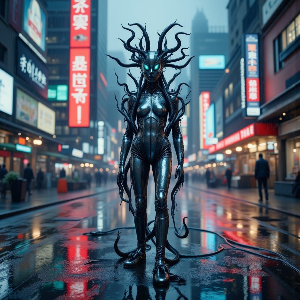 Cyberpunk Alien on Rooftop with Medusa Hair