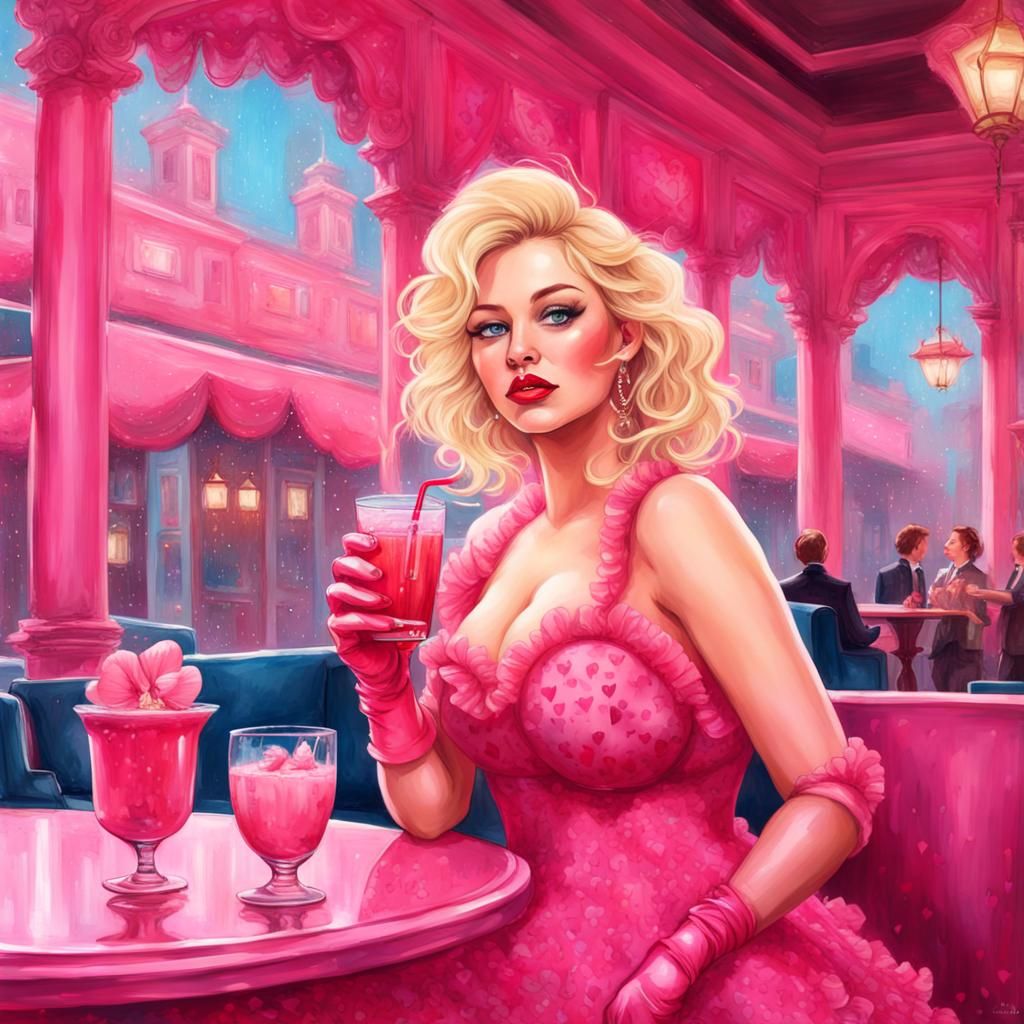Pink Fashionista Enjoying a Pink Drink in Whimsical Setting