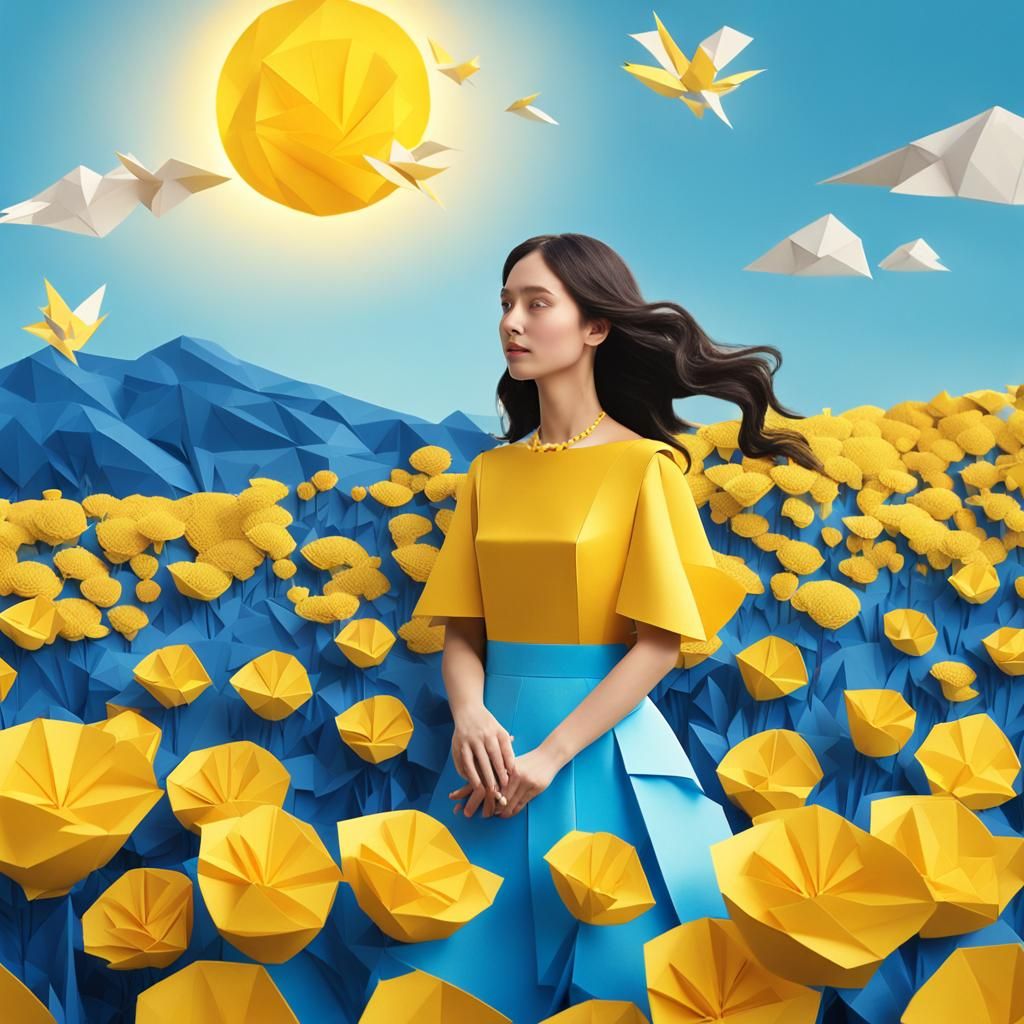 Woman in Floral Field Under Sun, Origami Style