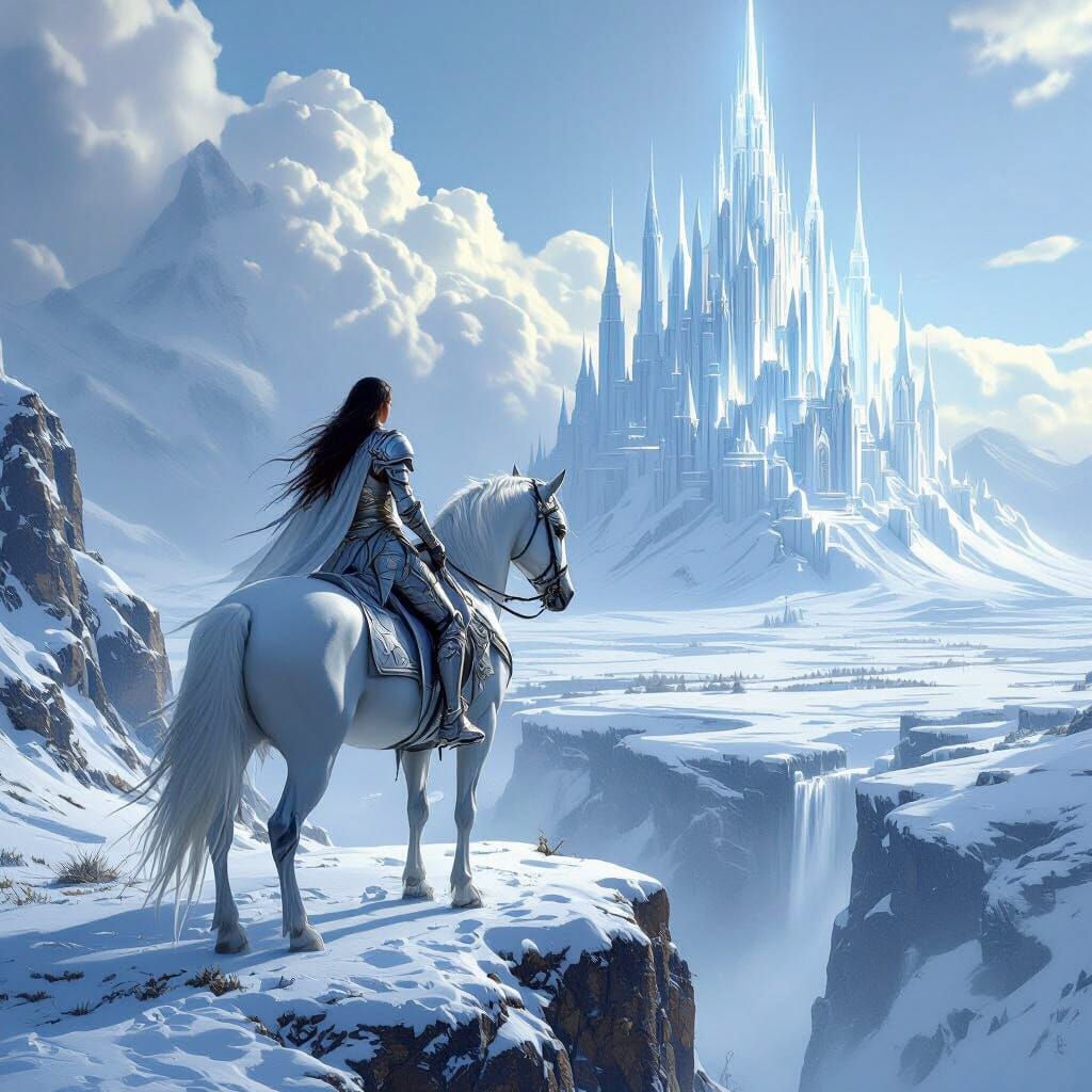 Warrior Woman on White Stallion Overlooking Elven Castle