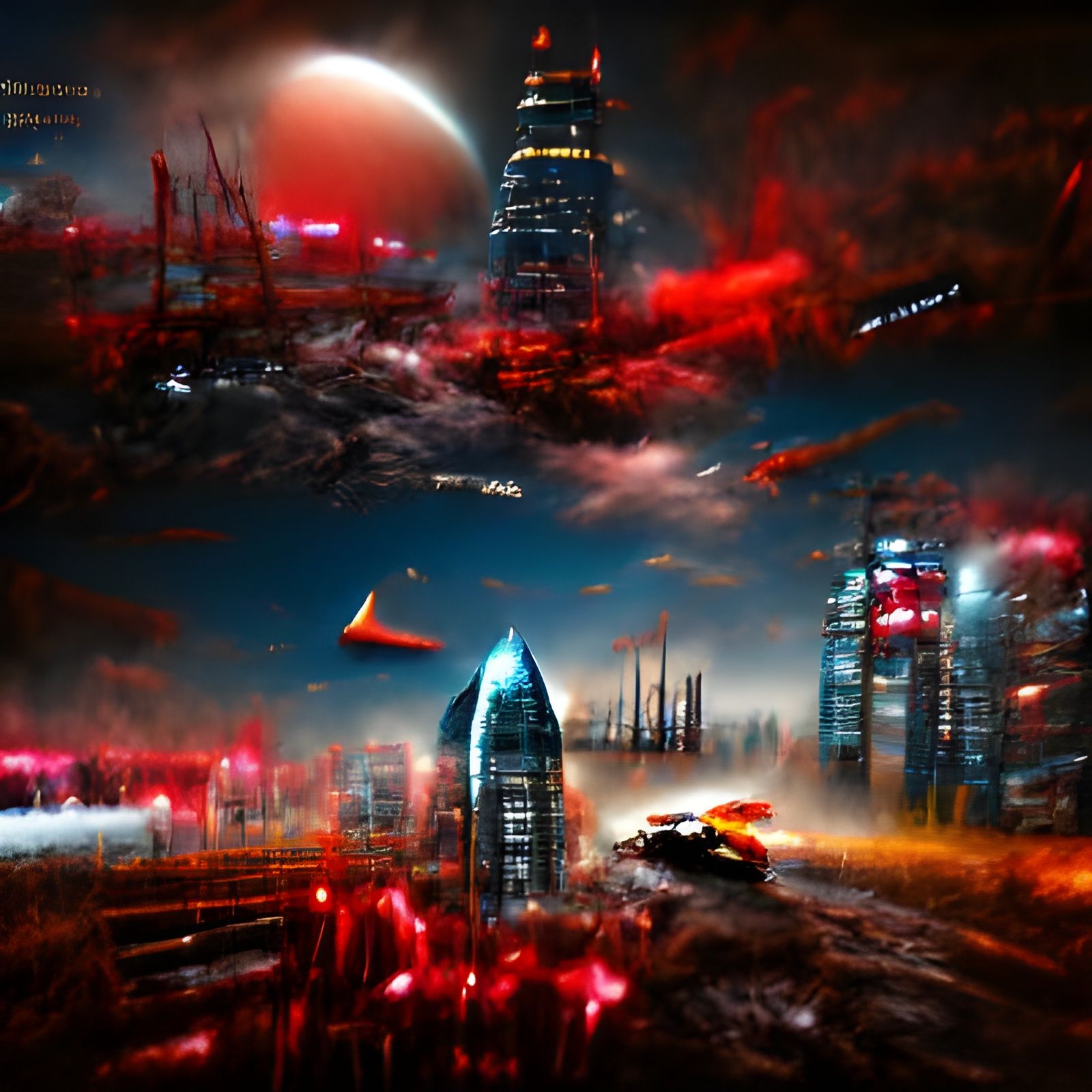 Cyberpunk Cityscape with Spaceships in Gritty Detail