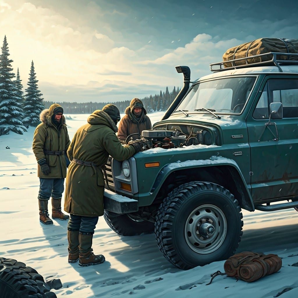 Winter Survivalists Repair Truck in Quebec Landscape