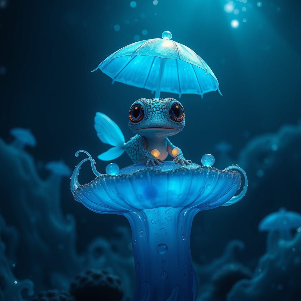 Ethereal Sea Monster in Glowing Jellyfish Lair, Night Sea