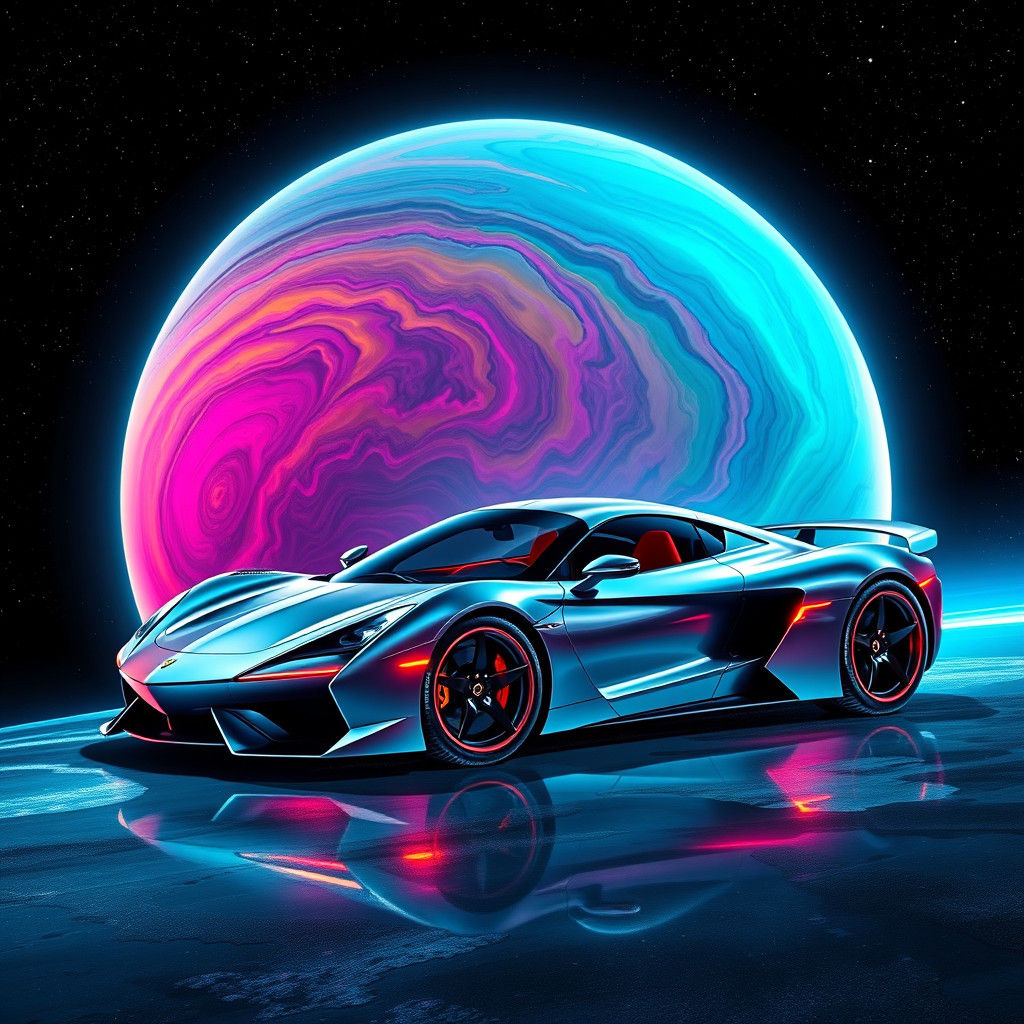 Futuristic Car Merged with Gas Giant in Space