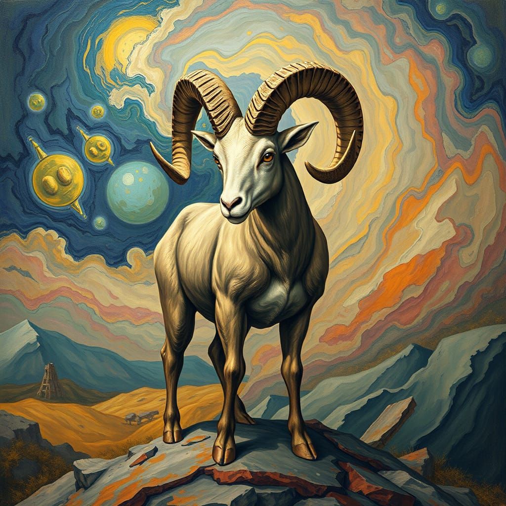 Aries, a Majestic Ram in Dreamlike Landscape with Surrealist...