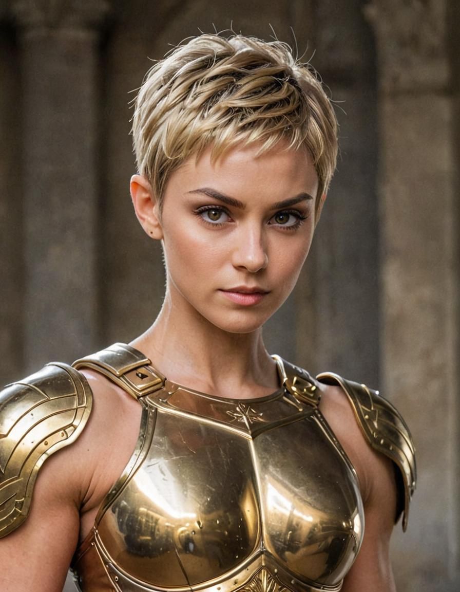 Strong Woman in Gold Armor with Blonde Pixie Cut