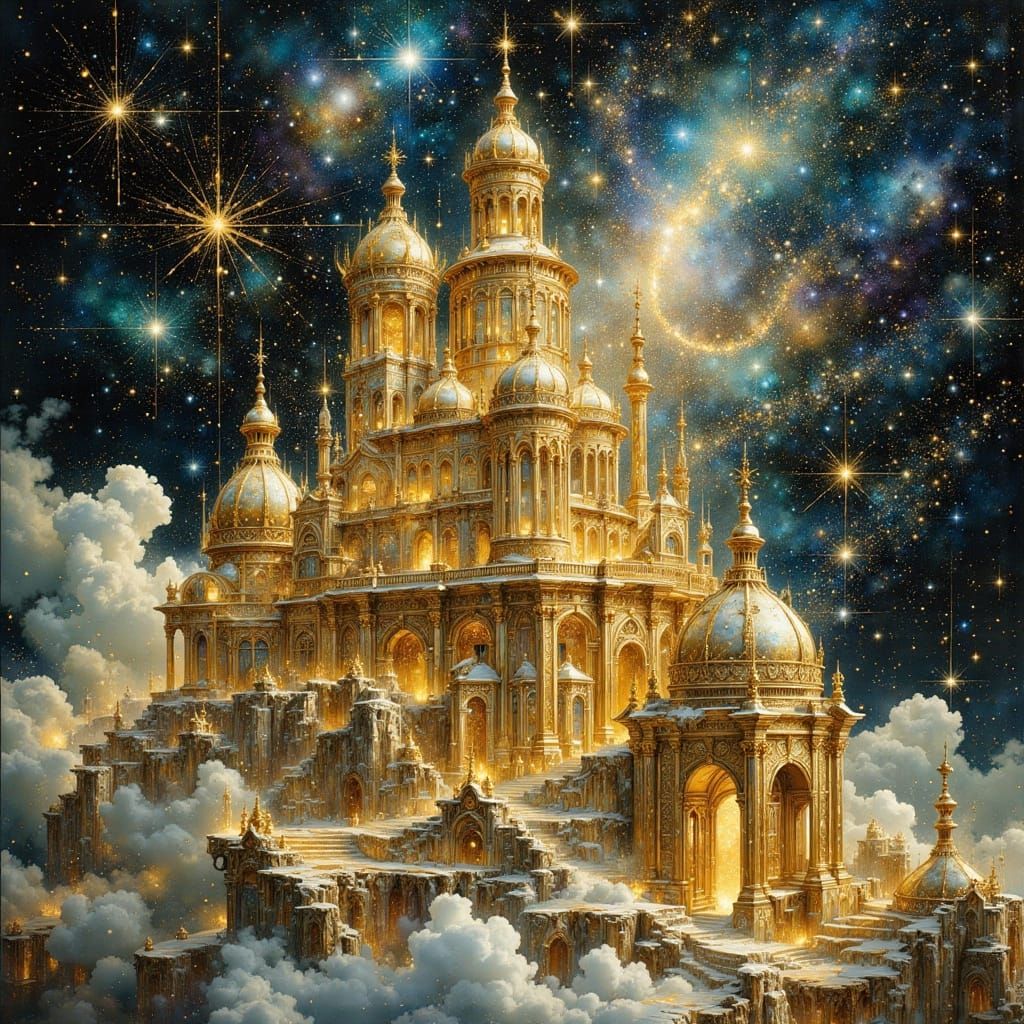 Celestial City Among Stars in Art Nouveau Style