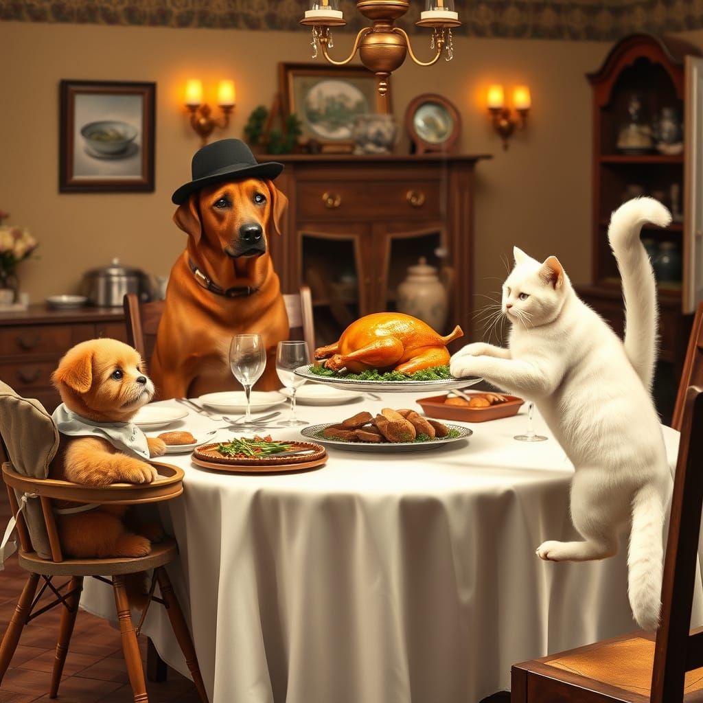1950s Dog and Cat Dinner Party in Rockwell Style