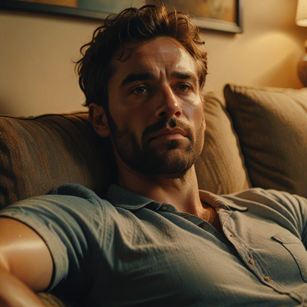 Confident Man Lies on Sofa in Warm Lighting