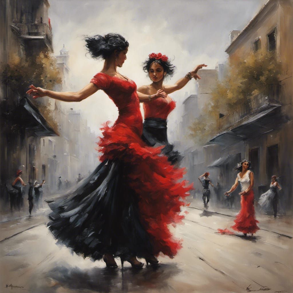 Flamenco Dancers in the Street, Impressionistic Style
