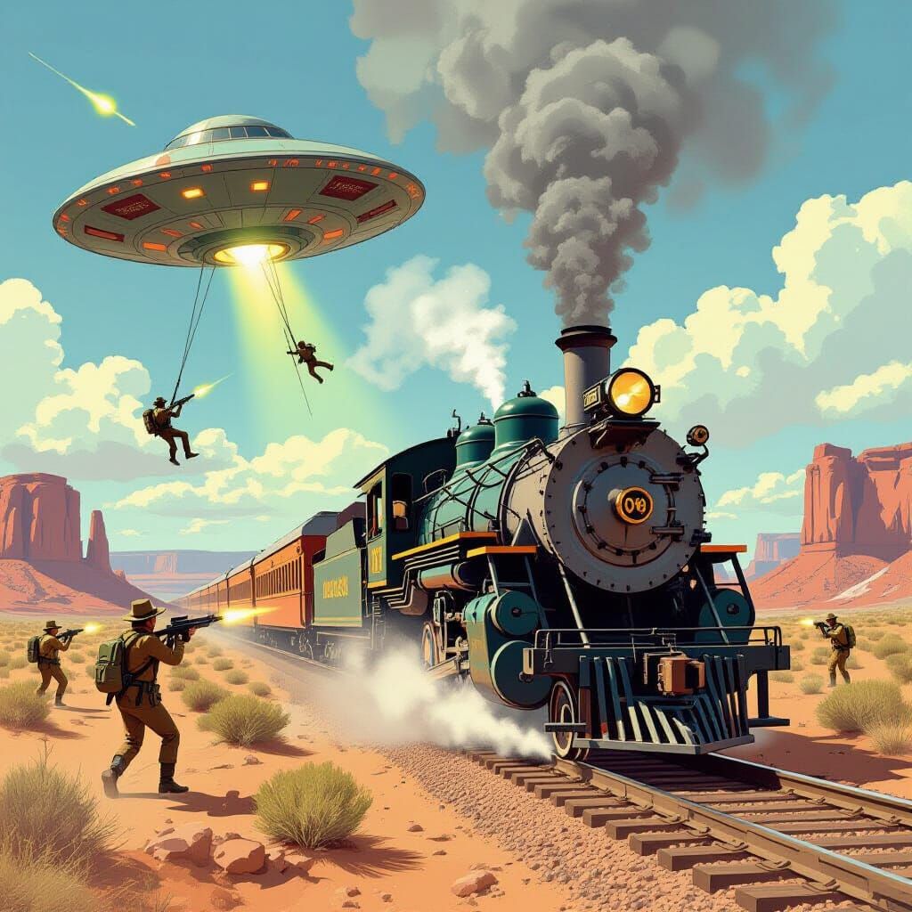 Wild West UFO Train Robbery in Comic Book Style
