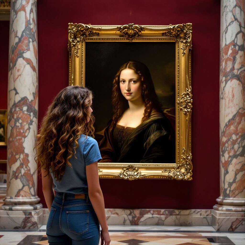 Woman Gazes at Her Own Classical Oil Portrait in Museum
