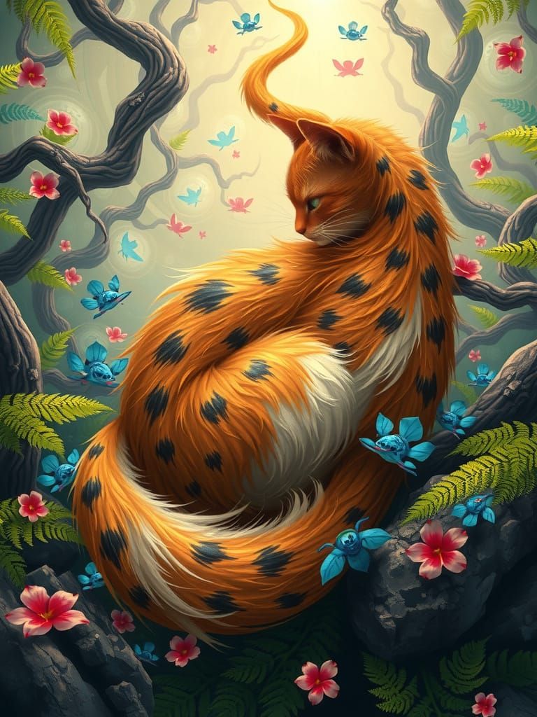 Whimsical Cat Amidst Enchanted Forest