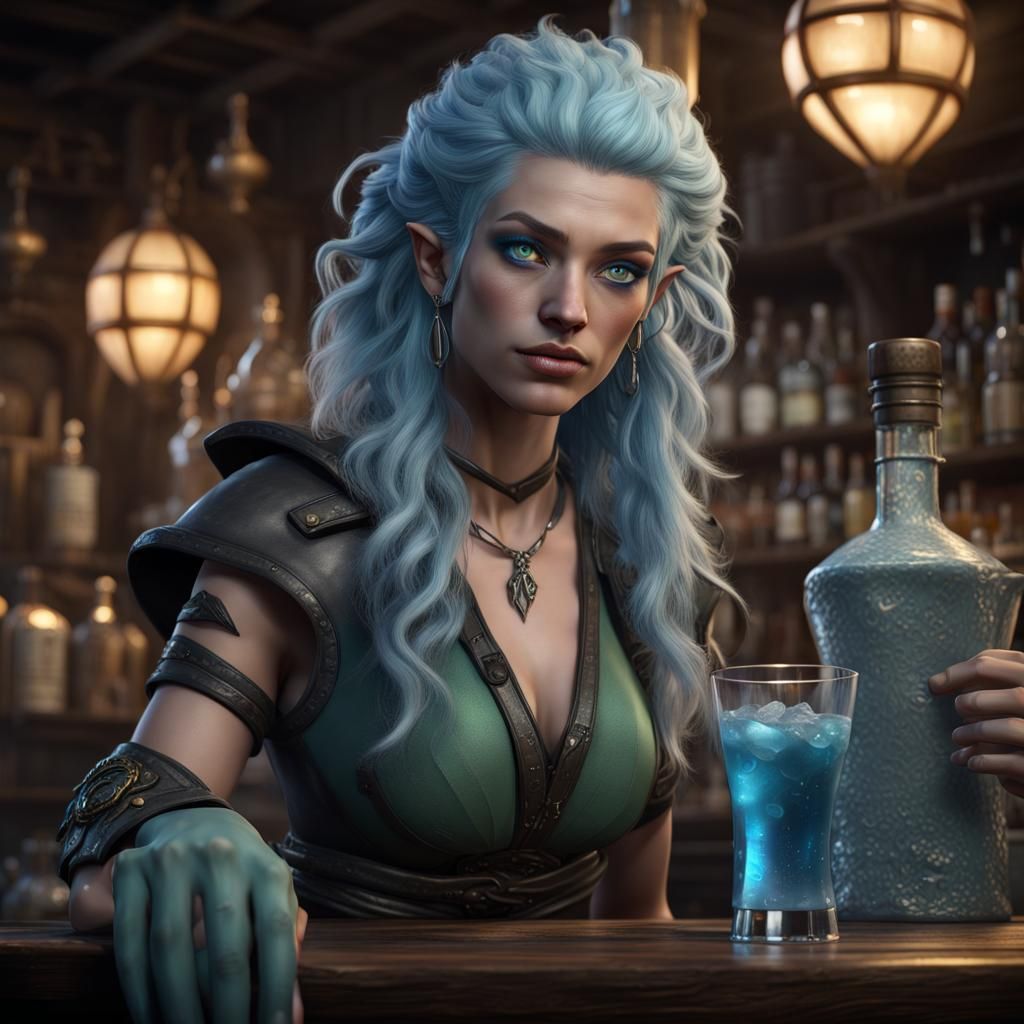 Water Genasi Bartender in Photorealistic Style