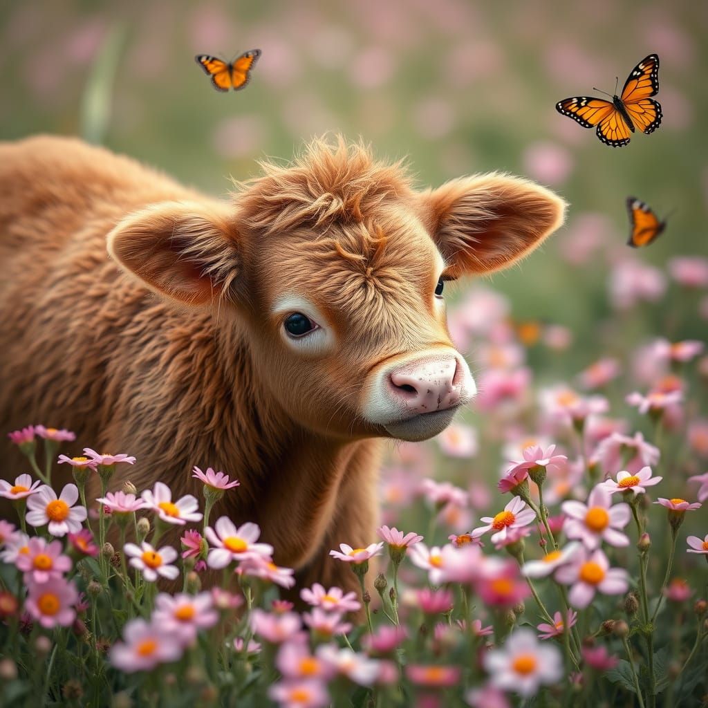 Baby Cow in Flower Field, Storybook Illustration
