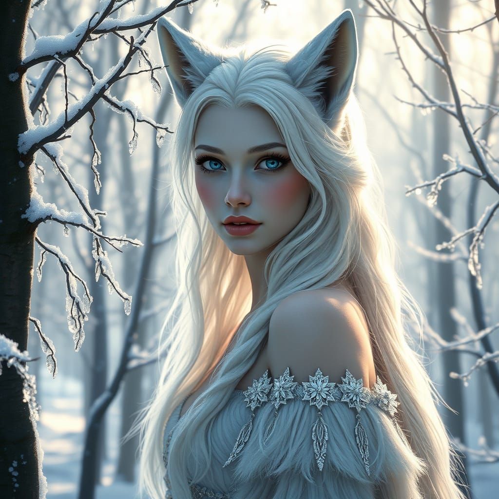 Ethereal Wolf Maiden in Snowy Forest