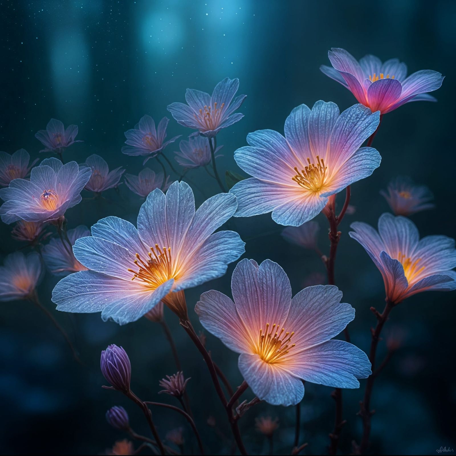 Enchanted Bioluminescent Blooms in a Cosmic Garden