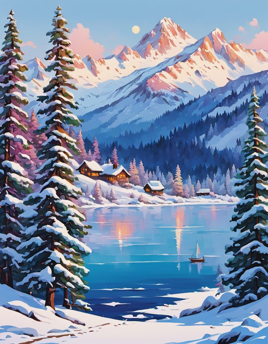 Snowy Serenity: Log Cabins and Pine Trees by a Frozen Lake