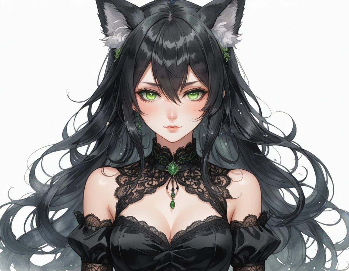 Goth Fox-girl in Elegant Watercolor Style
