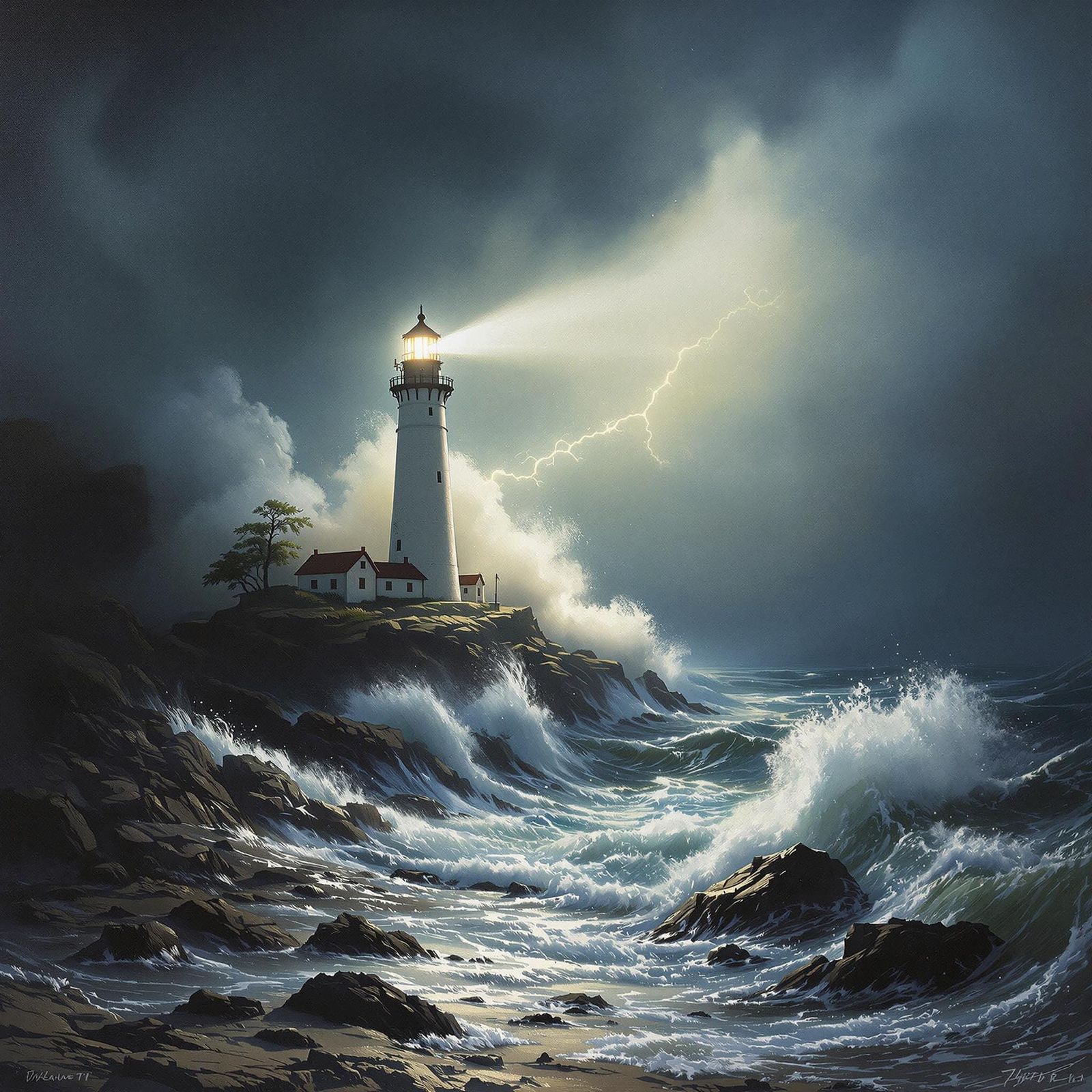 Lighthouse in Stormy Seas, Maritime Painting Style