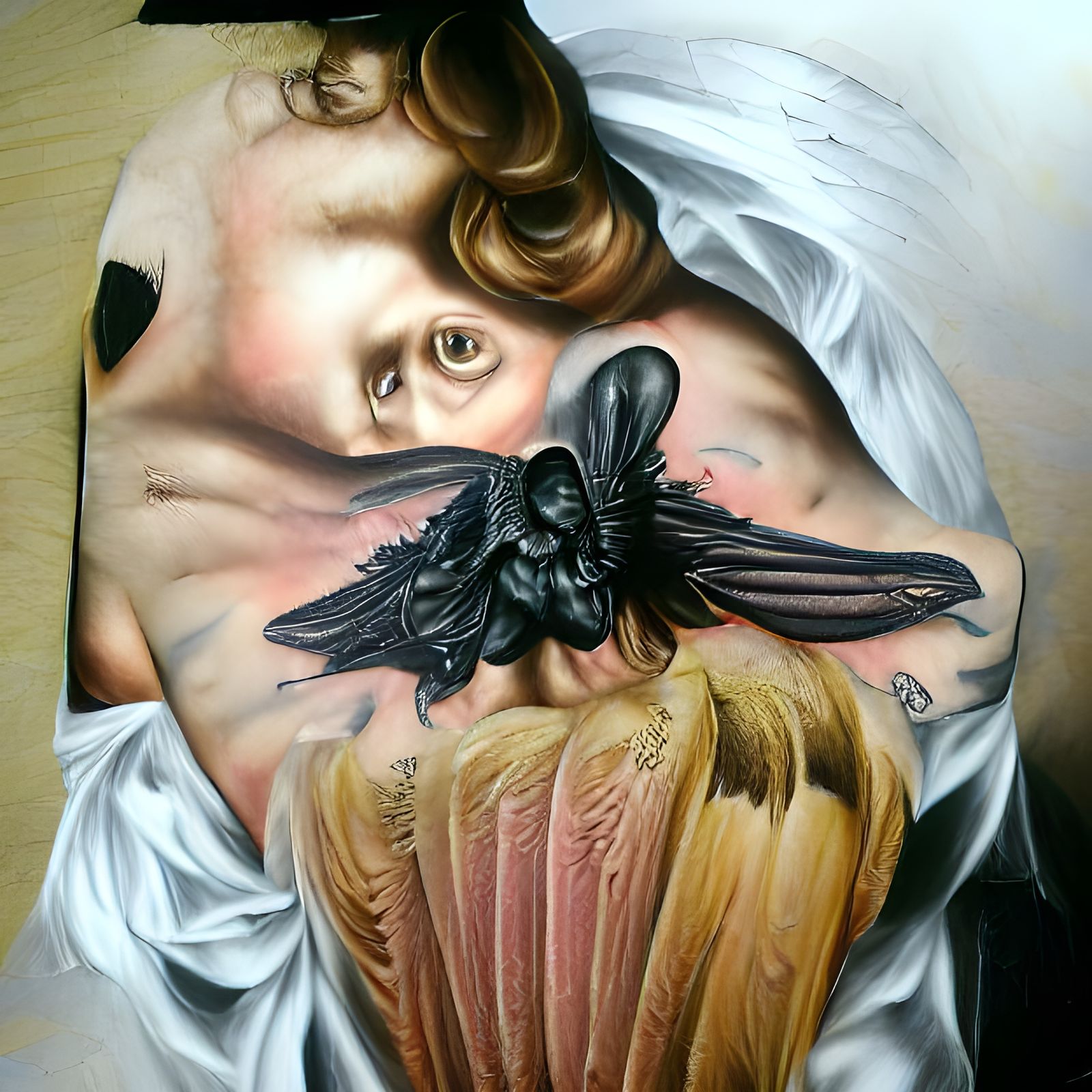 Dark Surreal Angel with Black Wings in Renaissance Style