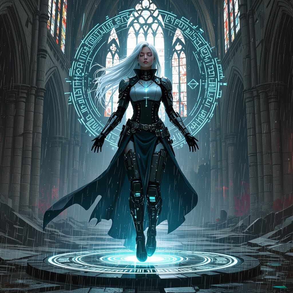 Cyberpunk Sorceress Meditating in Ruined Cathedral