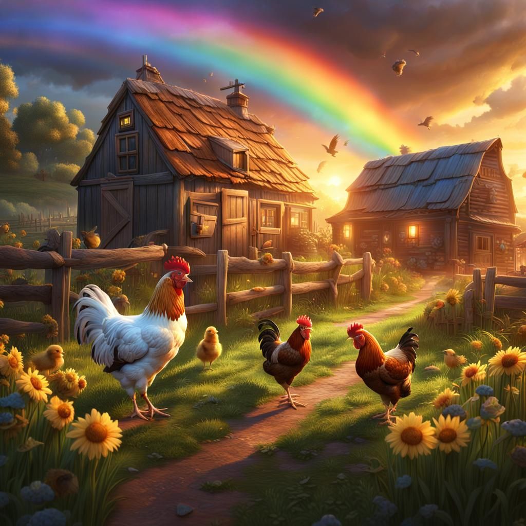 Farm Scene with Hen, Chicks, and Rooster at Sunrise