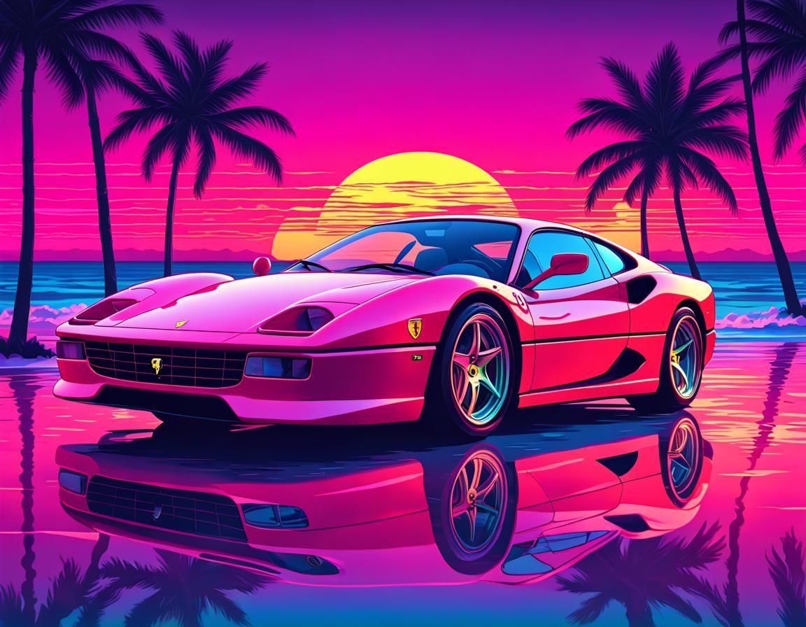Vaporwave Ferrari Sunset Art in Miami