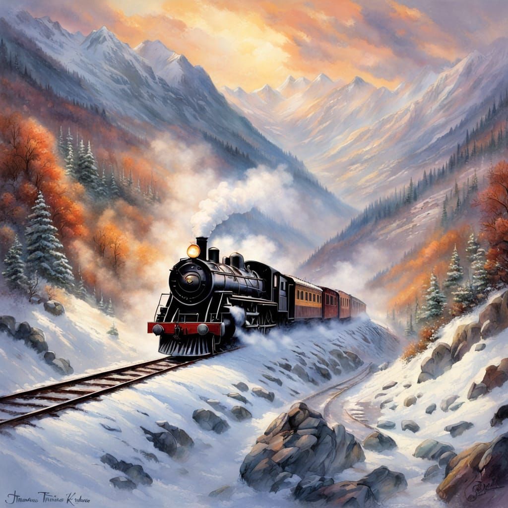 Vibrant Watercolor Steam Train in Snowy Mountains