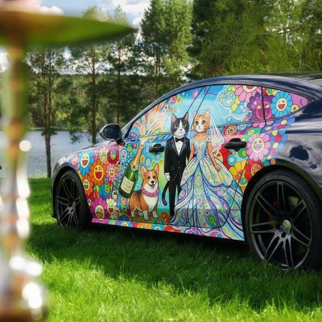 Whimsical Cats Wedding on Car Door, Murakami Style