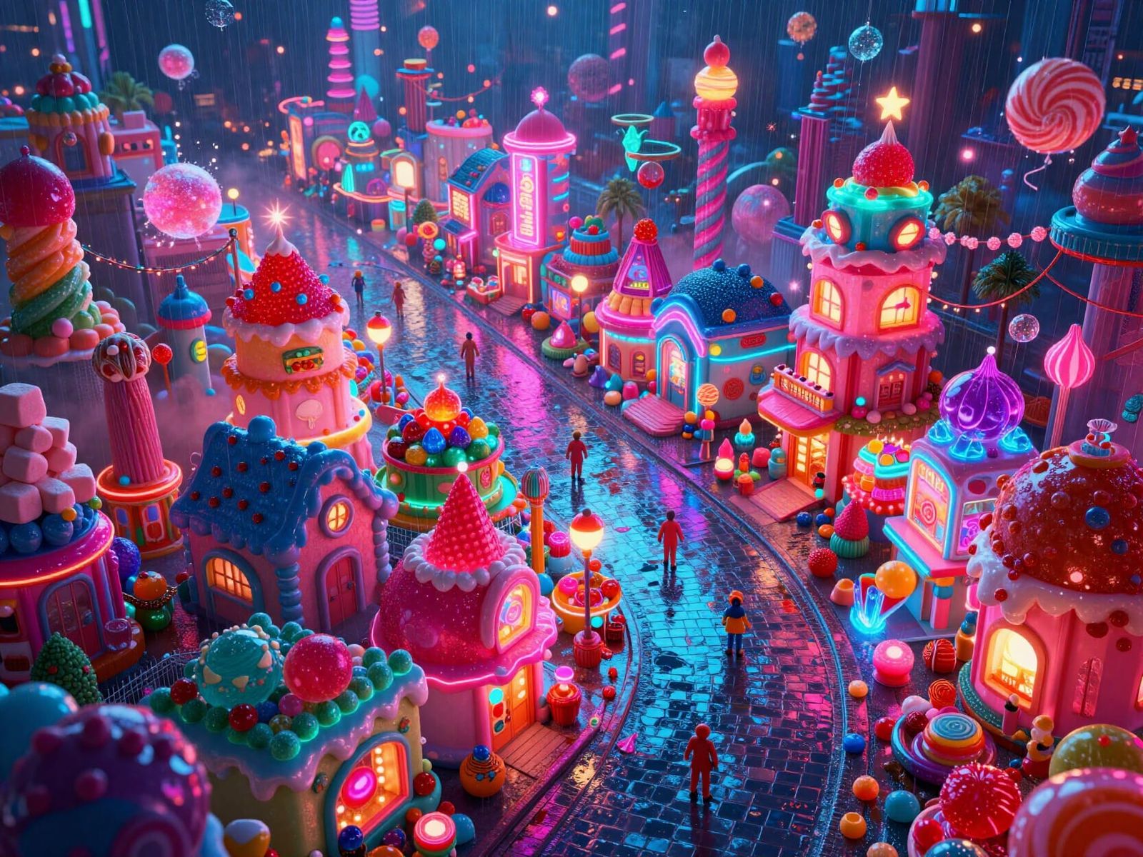 Neon Candy Town at Night in Arcade Style