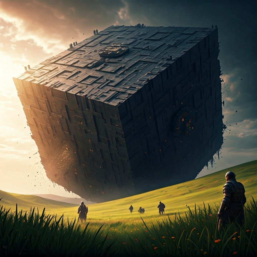 Giant Cube Space Station in Grassy Field