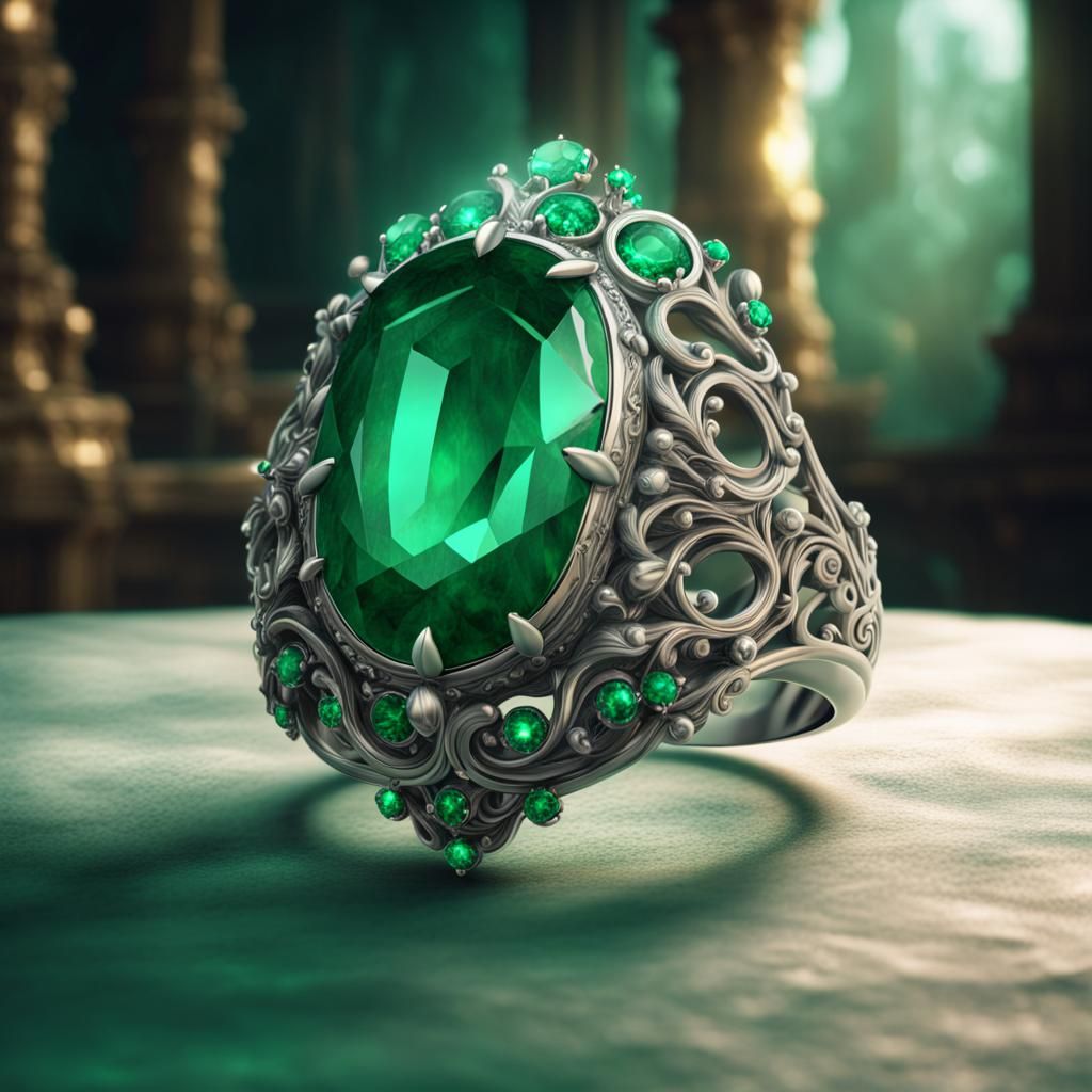 Emerald Silver Ring in Epic Digital Painting