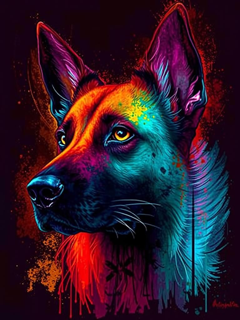 Oil painting of the face of a Belgian Malinois.